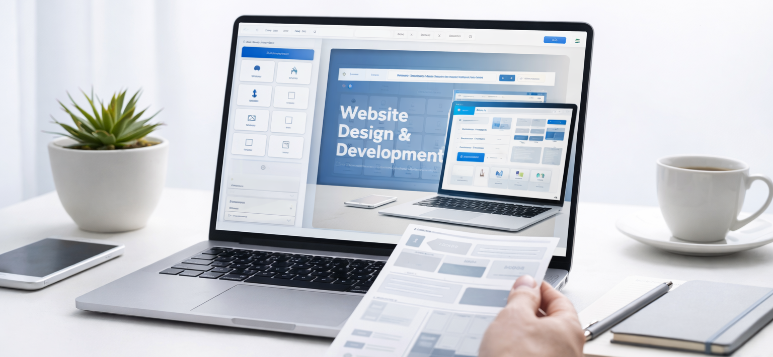 Website design workspace with wireframe